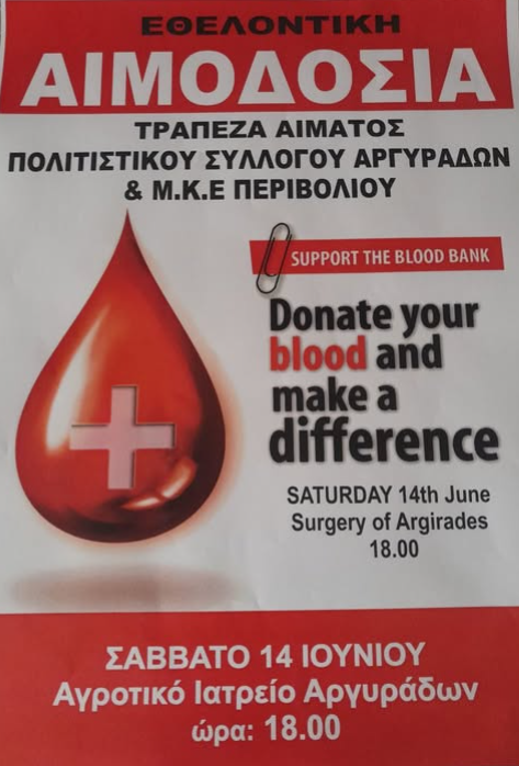 Εθελοντική αιμοδοσία στις Αργυράδες Σάββατο 14 Ιούνη 2025